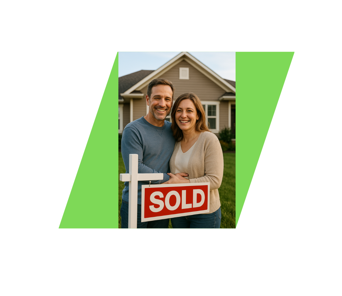 A smiling couple standing outside a home beside a sold sign